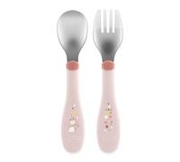 Chicco Cubiertos Inoxidables para Niños, Set de Comida, Tenedor y Cuchara para Niños, Acero Inoxidable, Fácil de Agarrar, Set Destete Primera Papilla, 2 Piezas, 18M+, Rosa