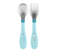 Chicco Cubiertos Inoxidables para Niños, Set de Comida, Tenedor y Cuchara para Niños, Acero Inoxidable, Fácil de Agarrar, Set Destete Primera Papilla, 2 Piezas, 18M+, Azul