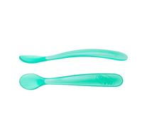 Chicco Cuchara Silicona Bebé, Set de 2 Cucharas Blandas para Bebés y Niños, Suaves y Flexibles con Mango Largo Curvo Ergonómico - Cuchara para Bebé Aprendizaje +6 Meses, 2 Piezas, Azul Claro