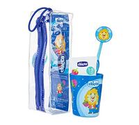 Chicco Estuche Cepillo de Dientes para Niños con Vaso, Cerdas Suaves, Agarre Ergonómico, Capuchón, Y Estuche a Juego, Cepillo de Dientes para Niños + 3 Años, Azul