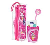 Chicco Estuche Cepillo de Dientes para Niños con Vaso, Cerdas Suaves, Agarre Ergonómico, Capuchón, Y Estuche a Juego, Cepillo de Dientes para Niños + 3 Años, Rosa