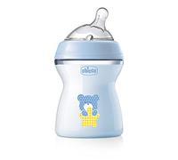 Chicco NaturalFeeling Biberón Anticólicos 2+ Meses, 250 ml, con Tetina Inclinada de Silicona Suave y Doble Válvula Anti Cólicos, Alimentación Natural y Lactancia Mixta - Azul