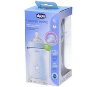 Chicco NaturalFeeling Biberón Anticólicos 6 Meses, 330 ml, con Tetina de Silicona Suave y Doble Válvula Anti Cólicos, Flujo Rápido, Alimentación Natural y Lactancia Mixta, Azul