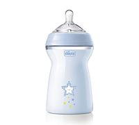 Chicco NaturalFeeling Biberón Anticólicos 6 Meses, 330 ml, con Tetina de Silicona Suave y Doble Válvula Anti Cólicos, Flujo Rápido, Alimentación Natural y Lactancia Mixta, Azul
