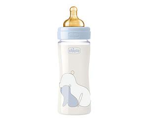 Chicco Original Touch Biberón Anticolica con tetina de caucho de Origen 100% natural, biberón con flujo lento de 0 meses, biberón con botella de cristal de 240 ml, azul