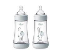 Chicco PERFECT 5 2 Biberón anticólicos de 240 ml, Doble biberón de flujo medio para 2 meses + con tetina de silicona suave, biberón similar al pecho materno, biberón para lactancia mixta, gris