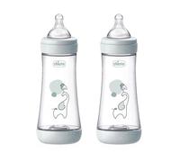 Chicco PERFECT 5 2 Biberón anticólicos de 300 ml, Doble biberón de flujo rápido para mayores de 4 meses con tetina de silicona suave,biberón similar al pecho materno,biberón para lactancia mixta, gris
