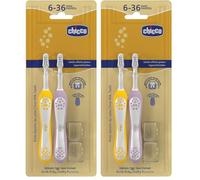Chicco Set 2 Cepillos de Dientes Para Niños, Con Cabezal Redondeado, Cerdas Suaves Delicadas Para Encías y Dientes, Mango Ancho Antideslizante, Cubierta de Cerdas Incluidas, 6-36 M, 2 Piezas, Niña