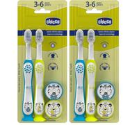 Chicco Set 2 Cepillos de Dientes para Niños con Ventosa, Cabezal Redondeado, Cerdas Suaves para Encías y Dientes, Mango Ancho Antideslizante, Cubiertas Cerdas Incluidas, 3-6 Años, 2 Piezas, Niño