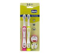 Chicco Set 2 Cepillos de Dientes para Niños con Ventosa, Cabezal Redondeado, Cerdas Suaves para Encías y Dientes, Mango Ancho Antideslizante, Cubiertas Cerdas Incluidas, 3-6 Años, 2 Piezas, Niña