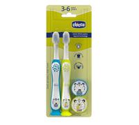 Chicco Set 2 Cepillos de Dientes para Niños con Ventosa, Cabezal Redondeado, Cerdas Suaves para Encías y Dientes, Mango Ancho Antideslizante, Cubiertas Cerdas Incluidas, 3-6 Años, 2 Piezas, Niño