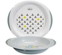 Chicco Set 2 Platos, Juego de platos reutilizables para bebés y Niños, 1 hueco y 1 plano, base y asas antideslizantes, toma ergonómica, reposamuñecas, accesorios de comida, 2 piezas, 12+ meses