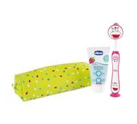Chicco Set de Cepillo de Dientes y Pasta Dental para Bebés, Con Estuche Práctico, Incluye Pasta Dental Sabor Fresa y Cepillo de Dientes con Cerdas Suaves y Ventosa, Set de Viaje, 3-6 A, Rojo