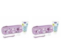 Chicco Set de Cepillo de Dientes y Pasta Dental para Bebés, Con Estuche Práctico, Pasta Dental Sabor Manzana y Plátano, Para Primeros Dientes de Leche, Set de Viaje, 6-36 M, Lila (Paquete de 2)