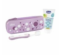 Chicco Set de Cepillo de Dientes y Pasta Dental para Bebés, Con Estuche Práctico, Pasta Dental Sabor Manzana y Plátano, Para Primeros Dientes de Leche, Set de Viaje, 6-36 M, Lila