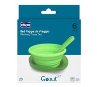 Chicco Set de Comida de Viaje, Plato plegable de silicona de 250 ml, Cuchara práctica, Funda compacta, Ideal para viajar, Kit de comida portátil, Cómodo y fácil de transportar, 6 meses+, Verde