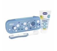 Chicco Set de Cepillo de Dientes y Pasta Dental para Bebés, Con Estuche Práctico, Pasta Dental Sabor Manzana y Plátano, Para Primeros Dientes de Leche, Set de Viaje, 6-36 M, Azul