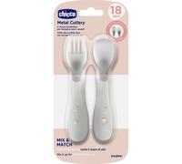 Chicco Set de cubiertos de acero inoxidable para niños - Tenedor y cuchara, 2 piezas, 18M+, gris