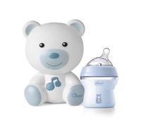 Chicco Set Luz Nocturna para Bebés y Biberon NaturalFeeling 150 ml, Luz para Mesita de Noche con Musica Relajante, Biberon con Tetina de Silicona Suave y Doble Válvula Anti Cólicos, 0 Meses+, Rosa