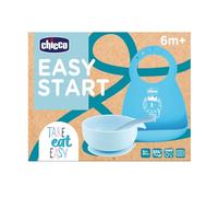 Chicco Set Papilla Easy Start, Set Silicona Antideslizante, Sin BPA, Set de 3 Piezas Compuesto: Babero Rígido Easy Roll, Tazón Fácil con Ventosa y Cuchara, 6M+, Azul