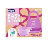Chicco Set Papilla Silicona Easy Start, Set Papilla Antideslizante, Sin BPA, Set de Destete de 3 Piezas Compuesto de Babero Rígido Easy Roll, Tazón Fácil Con Ventosa y Cuchara, 6M+, Rosa