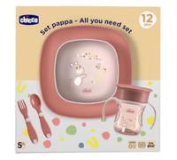 Chicco Set Vajilla Bebé, Contiene 1 Taza, Conjunto de 1 Tazón y 1 Plato Plano y Cubiertos, Tenedor y Cuchara, Set Destete Niños, 12M+, Rosa