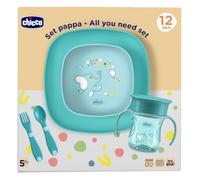 Chicco Set Vajilla Bebé, Contiene 1 Taza, Conjunto de 1 Tazón y 1 Plato Plano y Cubiertos, Tenedor y Cuchara, Set Destete Niños, 12M+, Azul