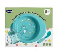 Chicco Set Vajilla Bebé, para la comida compuesto por Copa de entrenamiento, Primera Cuchara, Plato Caliente, Edad 6 meses +, 0% BPA, Azul