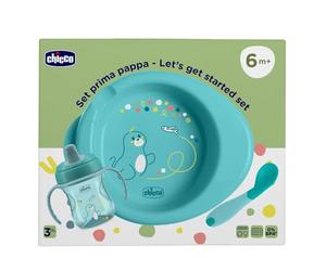 Chicco Set Vajilla Bebé, para la comida compuesto por Copa de entrenamiento, Primera Cuchara, Plato Caliente, Edad 6 meses +, 0% BPA, Azul