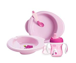 Chicco Set Vajilla Silicona Bebé, Juego Menaje Infantil para Destete con Plato Térmico, Plato Come Fácil, Vaso de Aprendizaje para Bebé y Cuchara de Silicona, Vajilla Infantil 6 Meses+, Rosa