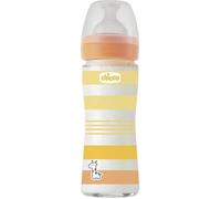 Chicco WELL-BEING Biberón de Cristal Anticólicos para Recién Nacidos 0+ Meses, Flujo Lento, Tetina Physio de Silicona Suave, Acabado Soft Sense, 240 ml, Naranja