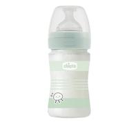 Chicco WELL-BEING Biberón Anticólicos Cristal de Flujo Lento, Biberón para Recién Nacidos de 0+ Meses con Tetina Physio de Silicona Suave y Acabado Soft Sense, Biberón de Plástico de 150 ml, Verde