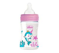 Chicco WELL-BEING Biberón Anticólicos de Flujo Lento, Biberón para Recién Nacidos de 0+ Meses con Tetina Physio de Silicona Suave y Acabado Soft Sense, Biberón de Plástico de 150 ml, Rosa