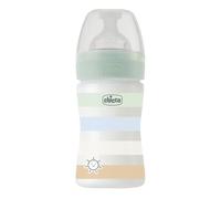 Chicco WELL-BEING Biberón Anticólicos de Flujo Lento, Biberón para Recién Nacidos de 0+ Meses con Tetina Physio de Silicona Suave y Acabado Soft Sense, Biberón de Plástico de 150 ml, Verde