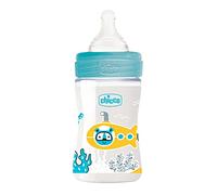 Chicco WELL-BEING Biberón Anticólicos de Flujo Lento, Biberón para Recién Nacidos de 0+ Meses con Tetina Physio de Silicona Suave y Acabado Soft Sense, Biberón de Plástico de 150 ml, Azul