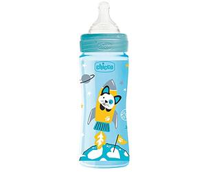 Chicco WELL-BEING Biberón Anticólicos de Flujo Rápido, Biberón 4+ Meses con Tetina Physio de Silicona Suave y Acabado Soft Sense, Biberón de Plástico de 330 ml, Azul