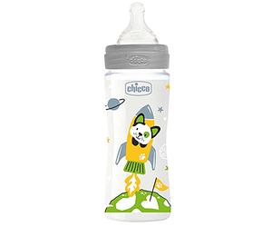 Chicco WELL-BEING Biberón Anticólicos de Flujo Rápido, Biberón 4+ Meses con Tetina Physio de Silicona Suave y Acabado Soft Sense, Biberón de Plástico de 330 ml, Gris
