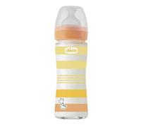 Chicco WELL-BEING Biberón de Cristal Anticólicos para Recién Nacidos 0+ Meses, Flujo Lento, Tetina Physio de Silicona Suave, Acabado Soft Sense, 240 ml, Naranja