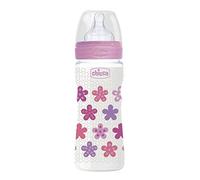 Chicco Wellbeing - Biberón antcólicos con tetina de silicona y flujo rápido para bebé 4m+, 330 ml, Rosa