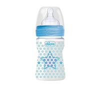 Chicco Wellbeing - Biberón con tetina de silicona y flujo normal para bebé de 0m+, 150 ml, color azul