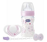 Chicco Wellbeing - Set de regalo con biberón, chupete y clip de silicona, color rosa