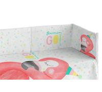 Chichonera bebé 60x120 cm extra resistente hecha de piqué, para proteger a tu bebé de los barrotes de la cuna. colección flamingo dreams