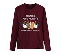 Chickens Make Me Happy - Sudadera de manga larga con cuello redondo y estampado divertido para mujer, Vino, XXL