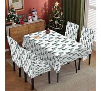Chickwin Navidad Funda para Sillas Comedor Ajustable 4 6 Piezas y Mantel, Impresión Árbol de Navidad Universal Elástica de Cubierta de Silla para Oficina Fiesta Cocina Hotel (Árbol,7 Piezas)