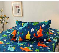 Chickwin Sabanas Bajeras Ajustables Colchones, 100% Poliéster Microfibra Suave Cómoda Transpirable Tela - Sábanas Cama Dinosaurio Animado para Colchón (Dinosaurio Azul, 2 Fundas de Almohada)