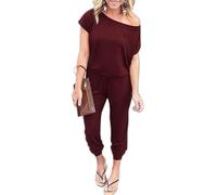 Chiclify - Overol para mujer, de verano, elegante, con hombros descubiertos, bolsillos, cintura elástica casual, rojo vino, M