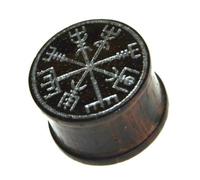 CHICNET Flesh - Piercing de madera con brújula vikinga, vegvisir con runas, extensible, color marrón nórdico, piercing para la oreja con grabado láser plateado, 10 - 14 mm, Madera