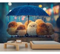 Chicos esponjosos caprichosos en la lluvia Fotomural Estilo de arte animal lindo para dormitorio habitación de niños, paraguas lluviosa escena decoración 300x230cm (No es autoadhesivo)