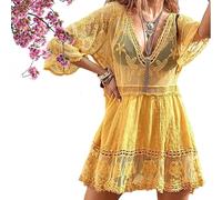 Chicovar Lace Coverup - Women's Lace Bathing Suit Cover Up V-Neck Coverups Bathing Suit Swim Dress (Yellow,One Size)