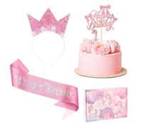 Chicpant Couronne Princesse Enfant Decoration Gateau Anniversaire Bougie Numéro Joyeux Anniversaire Bandoulière Rose Ruban